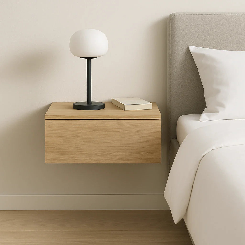 Minimalistisch nachtkastje van hout, zwevend gemonteerd naast een bed met witte lakens.