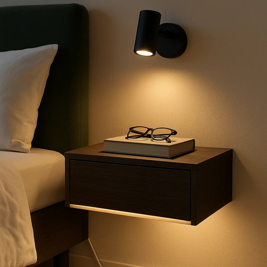 Moderne nachtkastjes met geïntegreerde LED-verlichting in een sfeervolle slaapkamer.