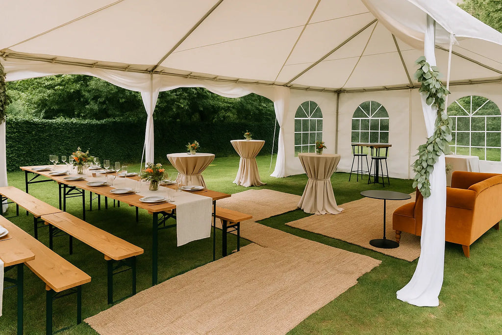 Grote witte partytent met lange houten eettafel, statafels, loper en oranje bank op grasveld