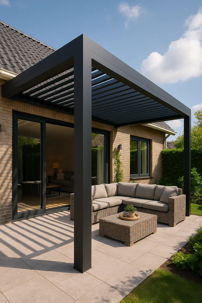 Moderne pergola in antraciet aluminium verbonden aan een woning met schuifpui.