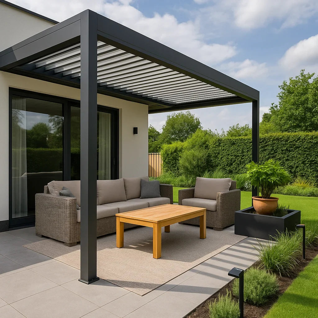 Strakke metalen pergola met houten tuinmeubels en kussens in moderne tuin