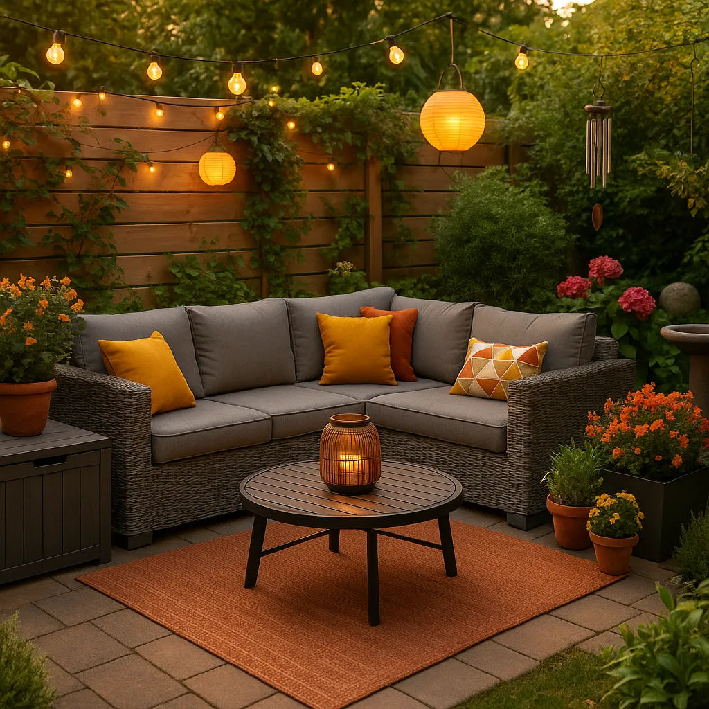 Zomerse loungehoek met rieten bank, sfeerverlichting en kleurrijke kussens in een gezellige tuin.