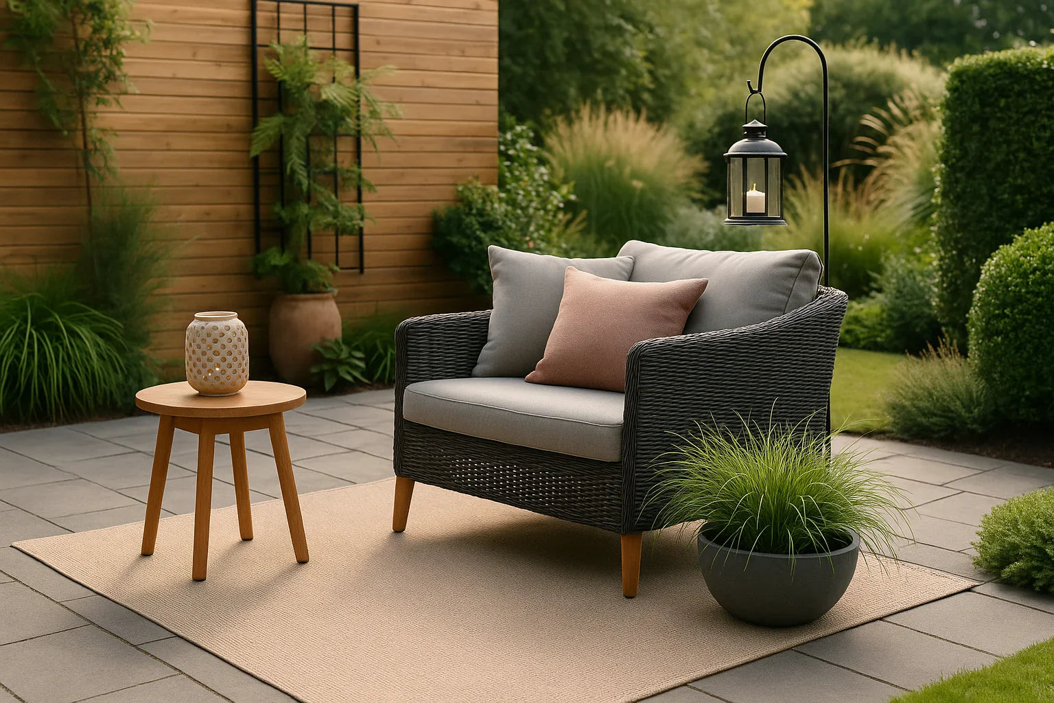 Gezellige loungehoek in de tuin met rattan stoel, kussens en lantaarn