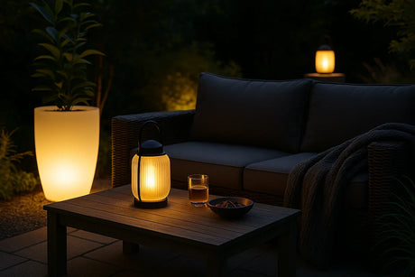 sfeervolle tuin in de avond met zachte verlichting en moderne tuinaccessoires