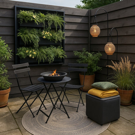 Kleine stadstuin met verticale plantenwand, bistroset, vuurtafel en multifunctionele tuinaccessoires