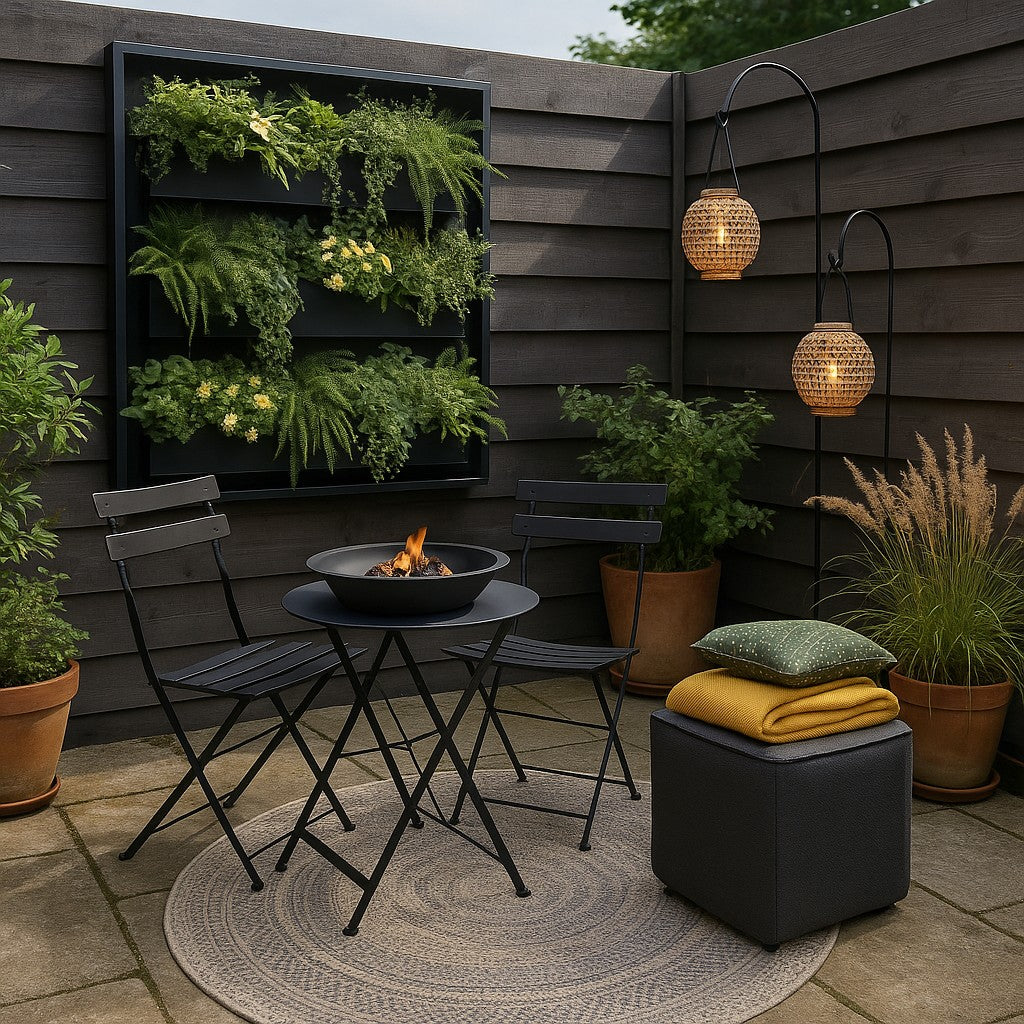 Kleine stadstuin met verticale plantenwand, bistroset, vuurtafel en multifunctionele tuinaccessoires