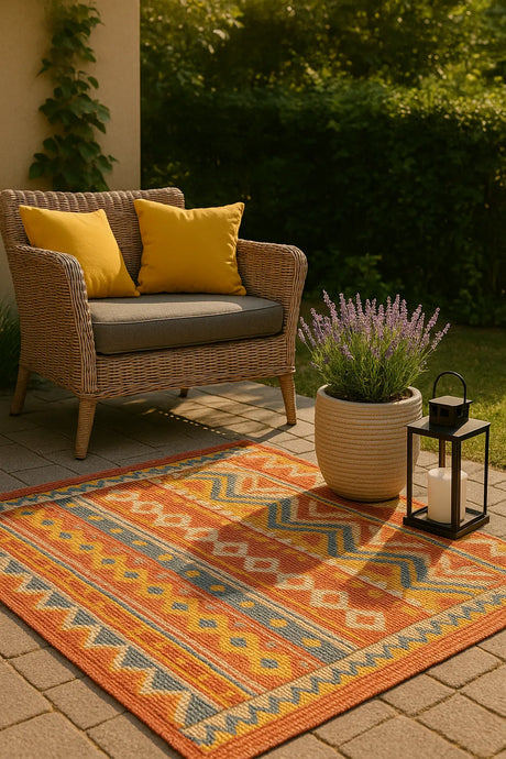 Tuin met rotanstoel, lavendel in pot, zwart lantaarnlampje en kleurrijk buitenkleed