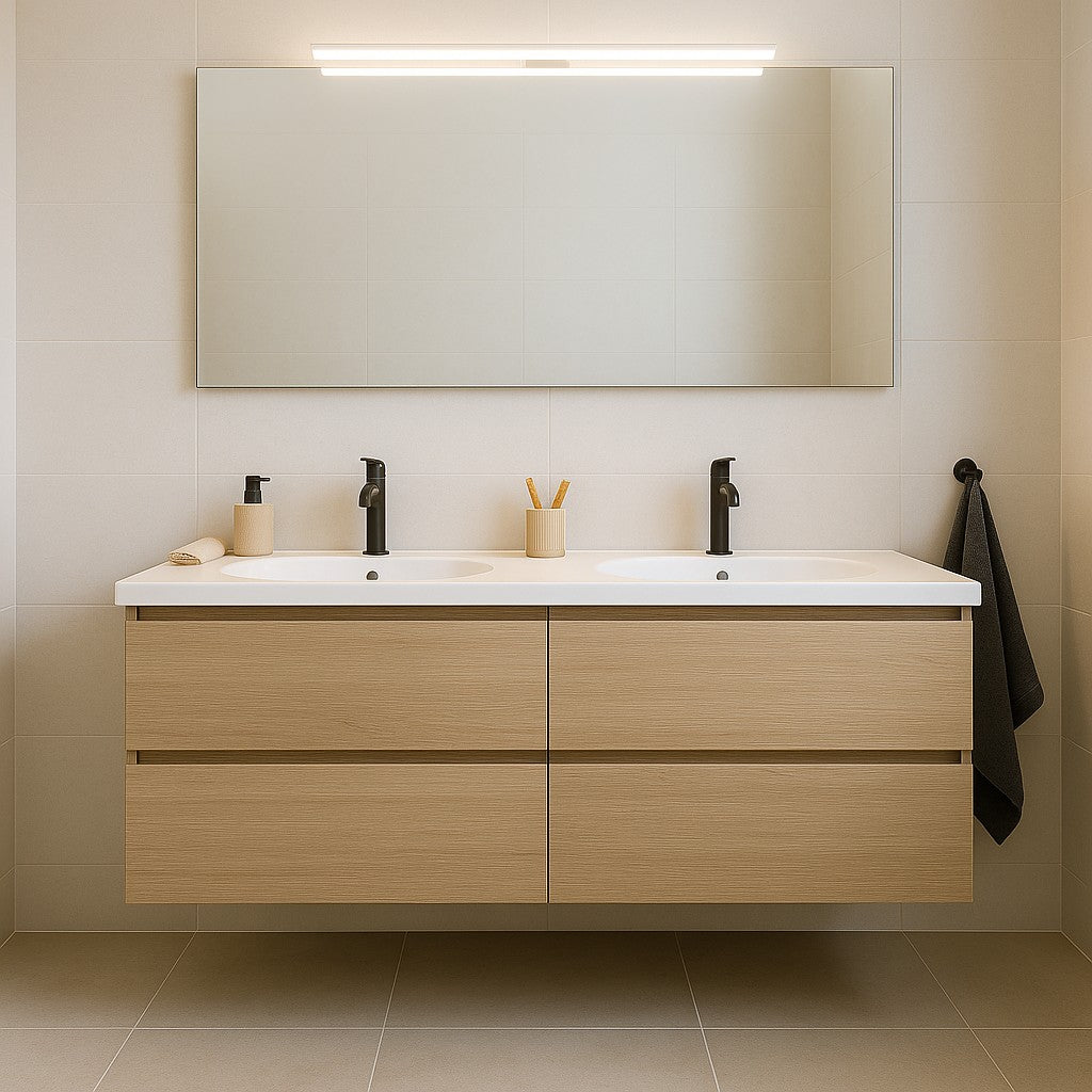 Moderne badkamerkast met dubbele wasbak, zwarte kranen en grote spiegel