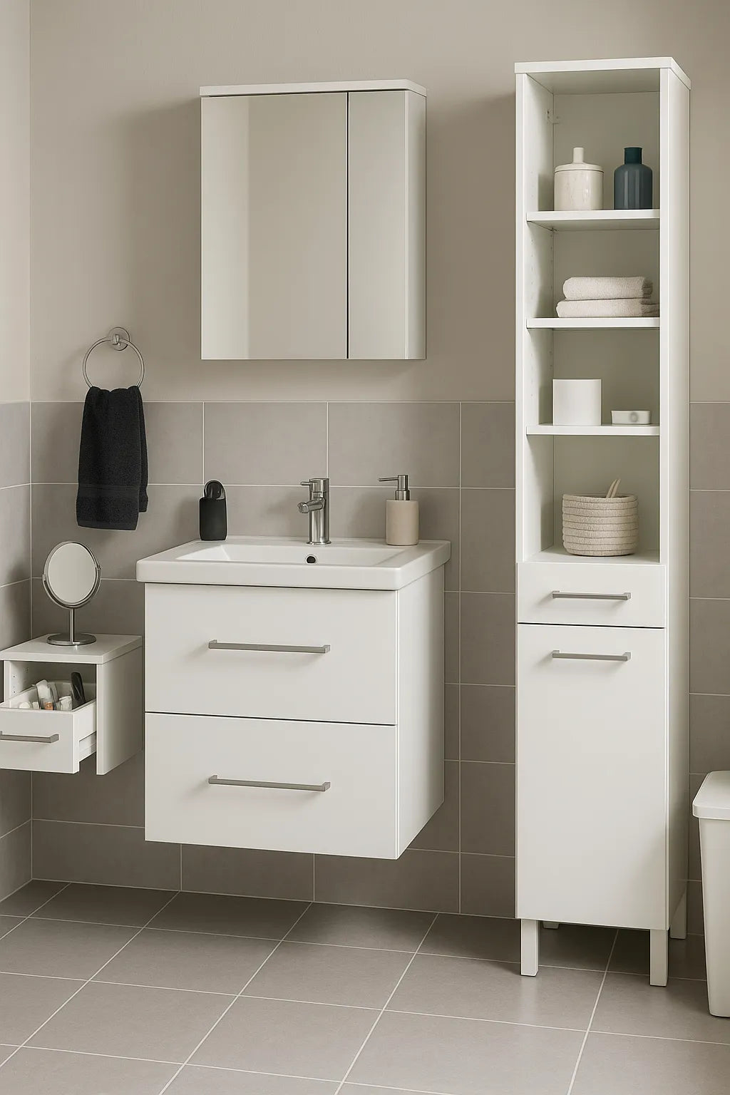 Moderne badkamermeubelset met witte kastjes, spiegel en wastafel