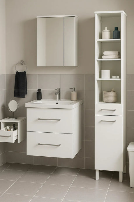 Moderne badkamermeubelset met witte kastjes, spiegel en wastafel