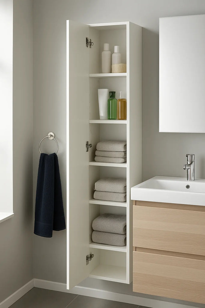 Strakke witte badkamerkast met geopende deur, gevuld met handdoeken en flacons