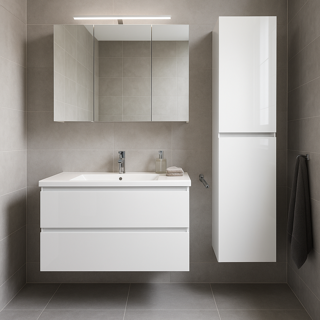 Moderne badkamer met witte hoogglans badkamerkasten, wastafel en spiegelkast.