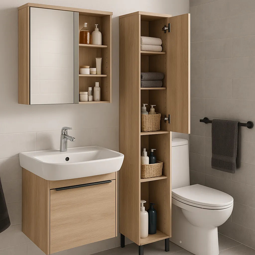 Compacte badkamer met houten wastafelmeubel, wandkast en spiegelkast met open vakken en accessoires