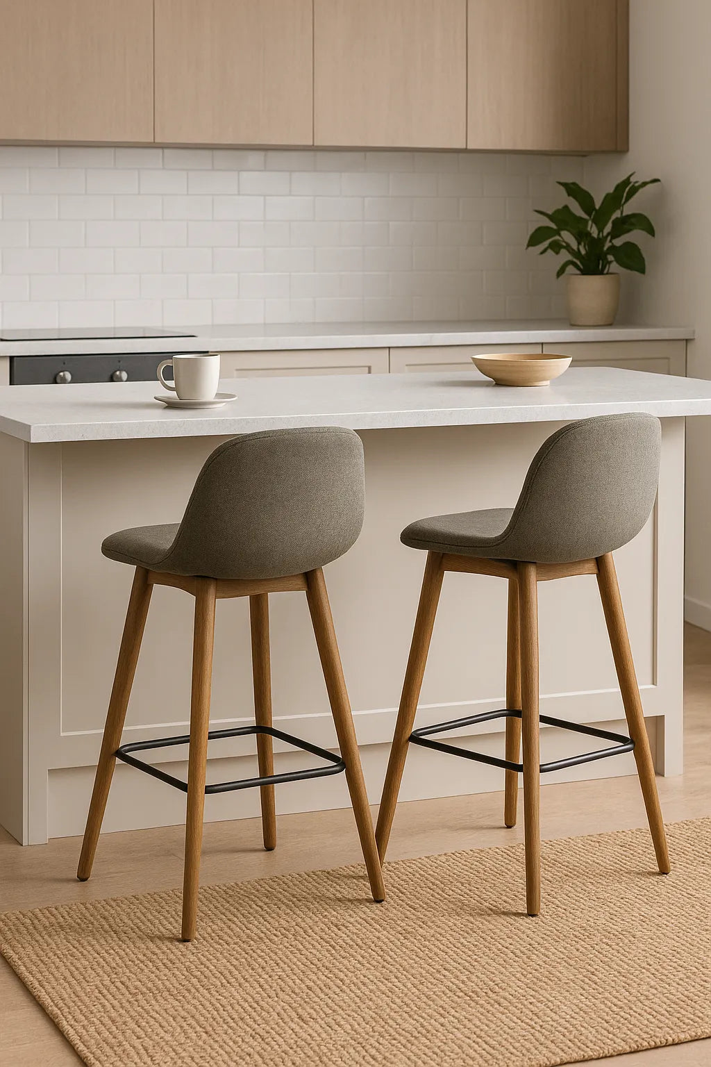  Twee moderne barkrukken aan een lichte keukenbar met houten accenten