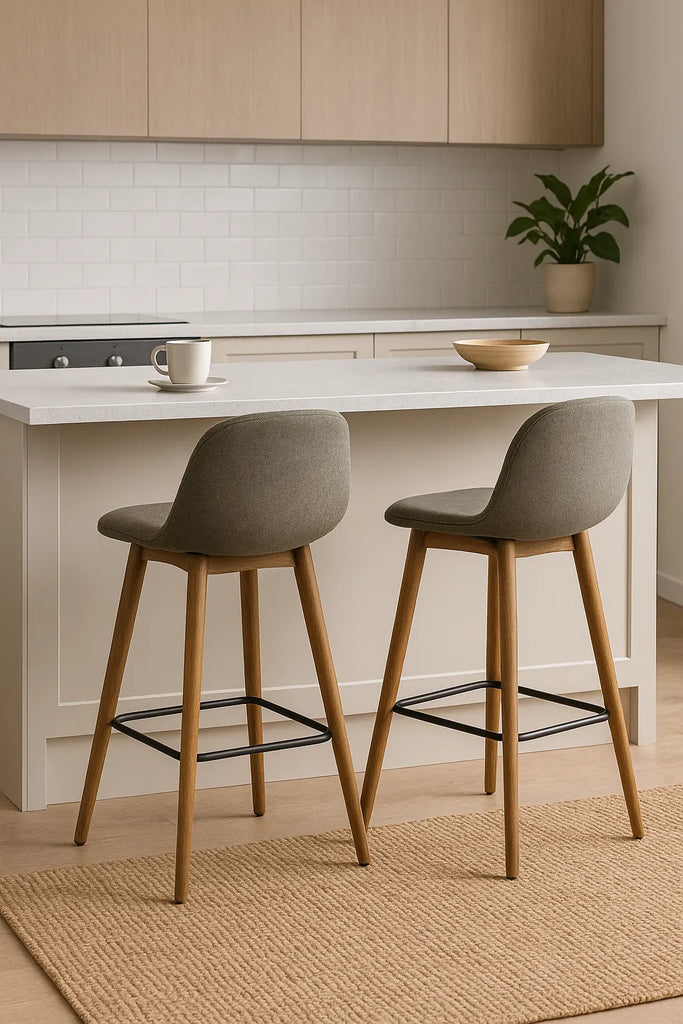  Twee moderne barkrukken aan een lichte keukenbar met houten accenten