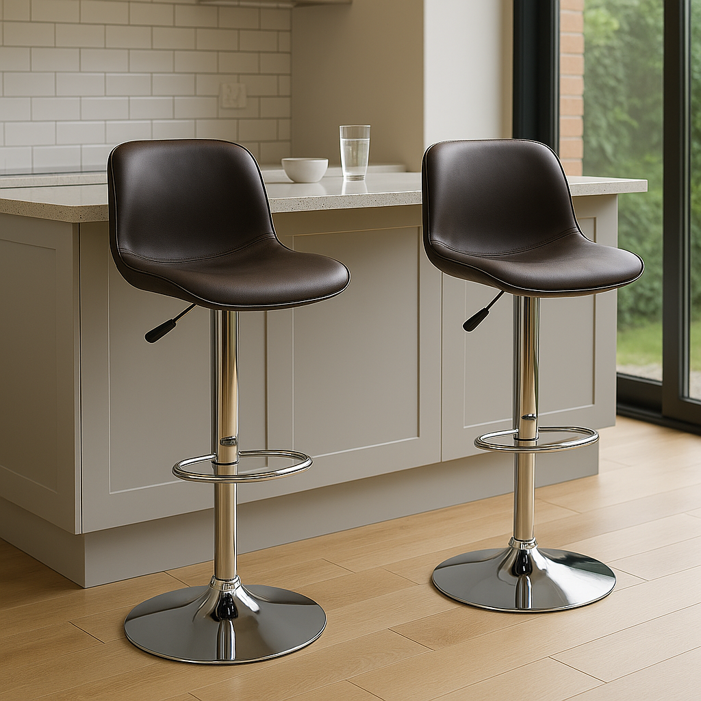 Twee verstelbare barkrukken met leren zitting en chromen voet bij modern keukeneiland