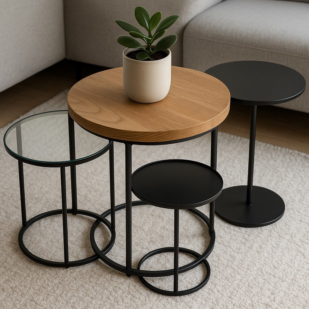 Een set van drie bijzettafels van hout, glas en metaal in een moderne zithoek met een lichtgrijs vloerkleed