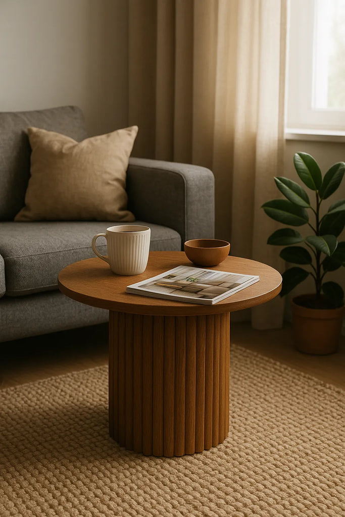 Bijzettafel met mok, schaal en magazine in een warme, gezellige woonkamerhoek