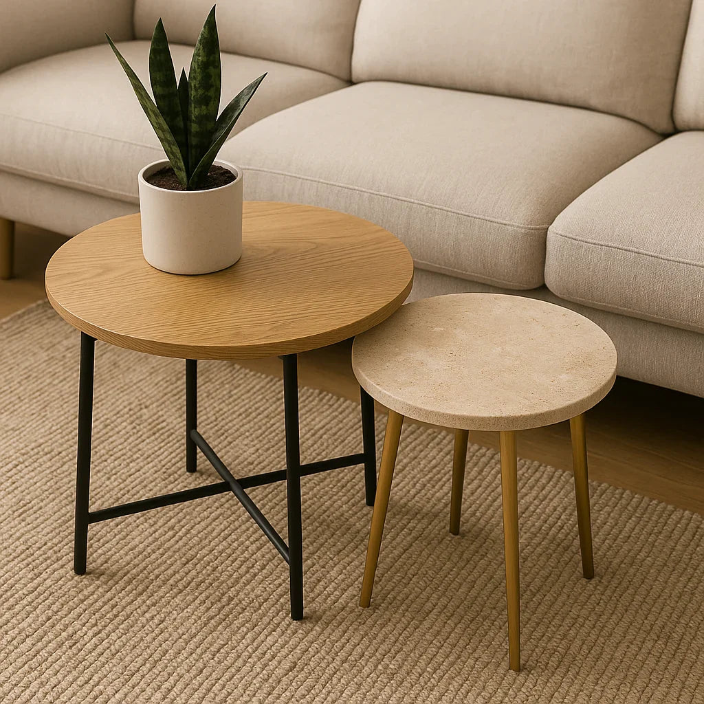 Twee moderne ronde bijzettafels met verschillende hoogtes, geplaatst op een beige vloerkleed naast een lichtgrijze bank.