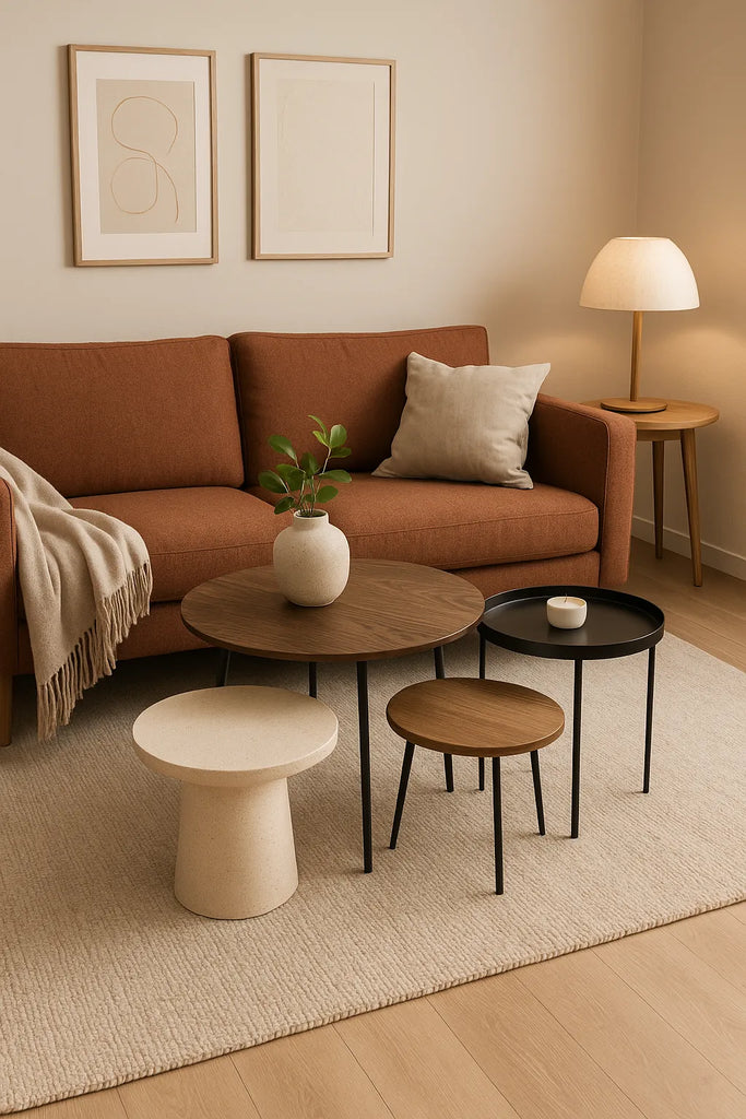 Stijlvolle woonkamer met terracottabruine bank, neutrale muurkunst en vier verschillende bijzettafels op een beige vloerkleed