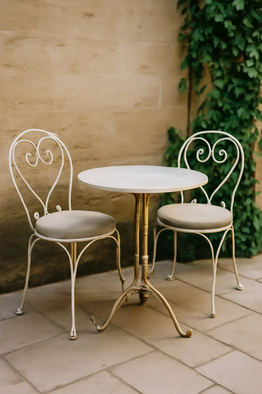 Bistroset in Franse stijl in een zonovergoten tuin met sierlijke metalen stoelen en een ronde tafel.