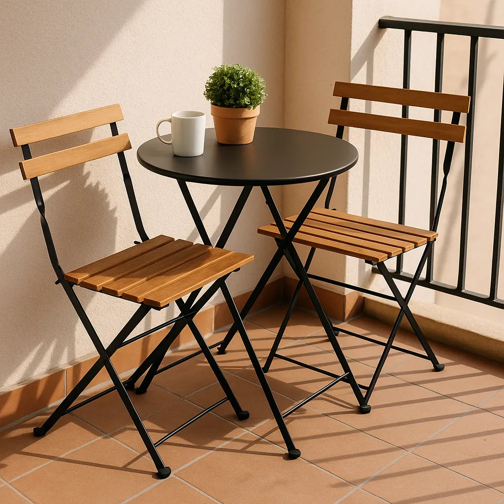 Bistroset met zwart metalen tafel en houten stoelen op zonovergoten balkon