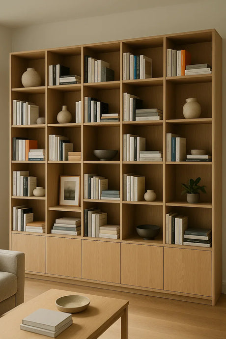 Moderne woonkamer met grote houten boekenkast vol boeken en keramische vazen  minimalistisch en warm interieur.