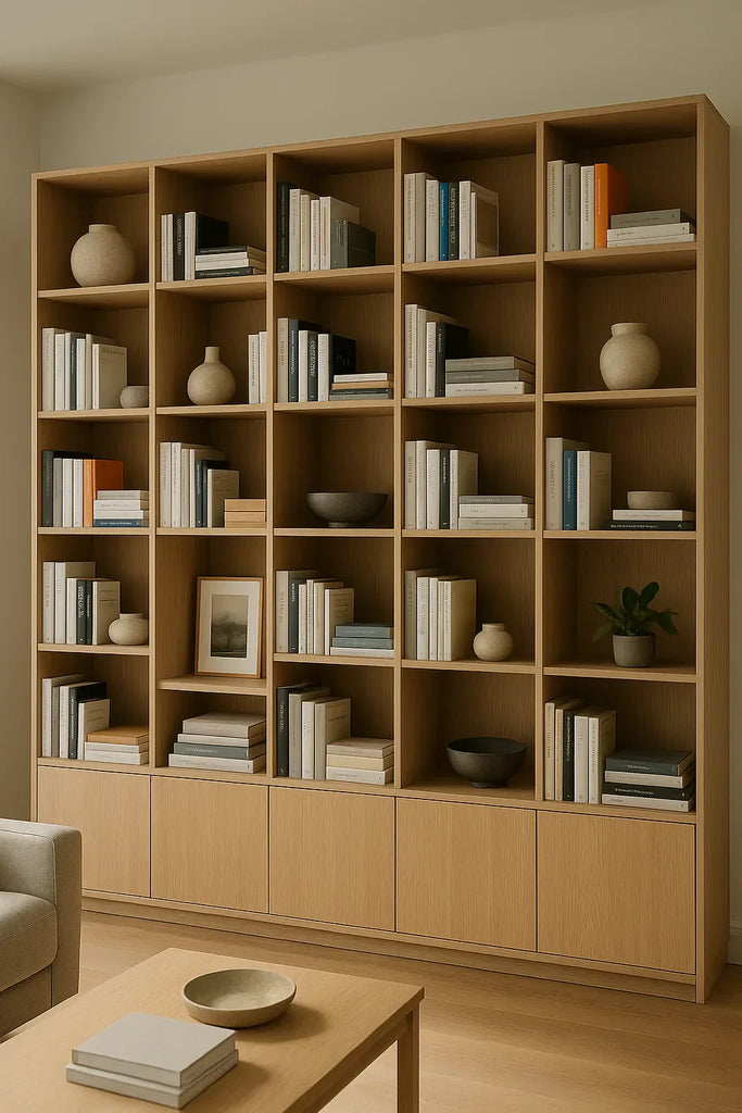 Moderne woonkamer met grote houten boekenkast vol boeken en keramische vazen  minimalistisch en warm interieur.