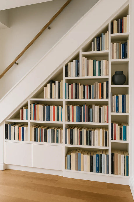 Maatwerk boekenkast onder een trap met planken en gesloten vakken.
