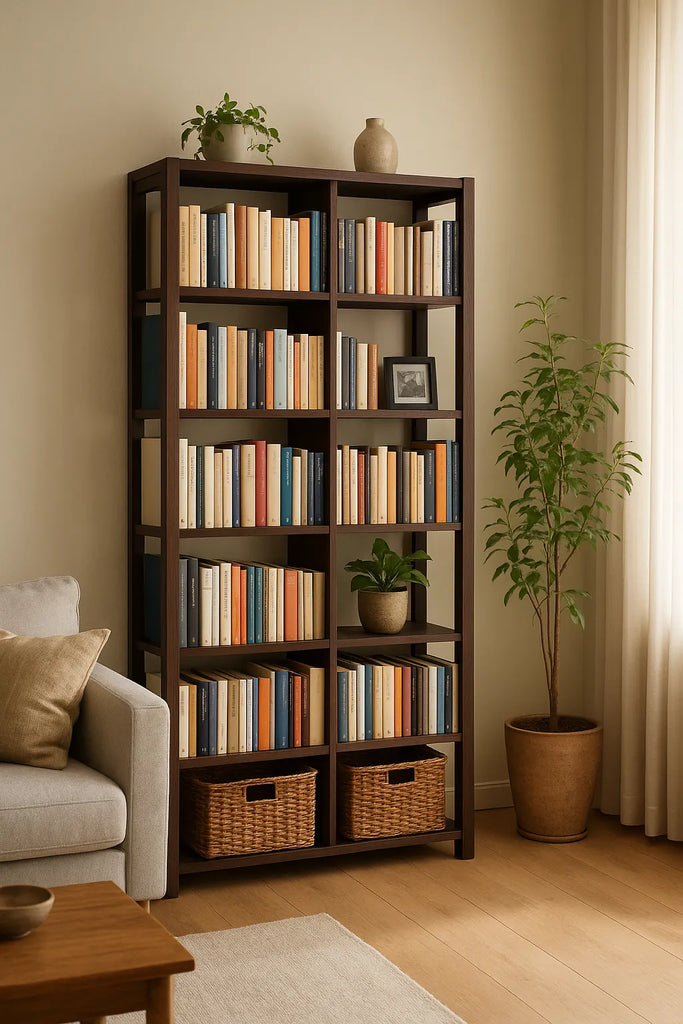 Donkerbruine boekenkast met boeken, planten en manden in een sfeervolle woonkamerhoek