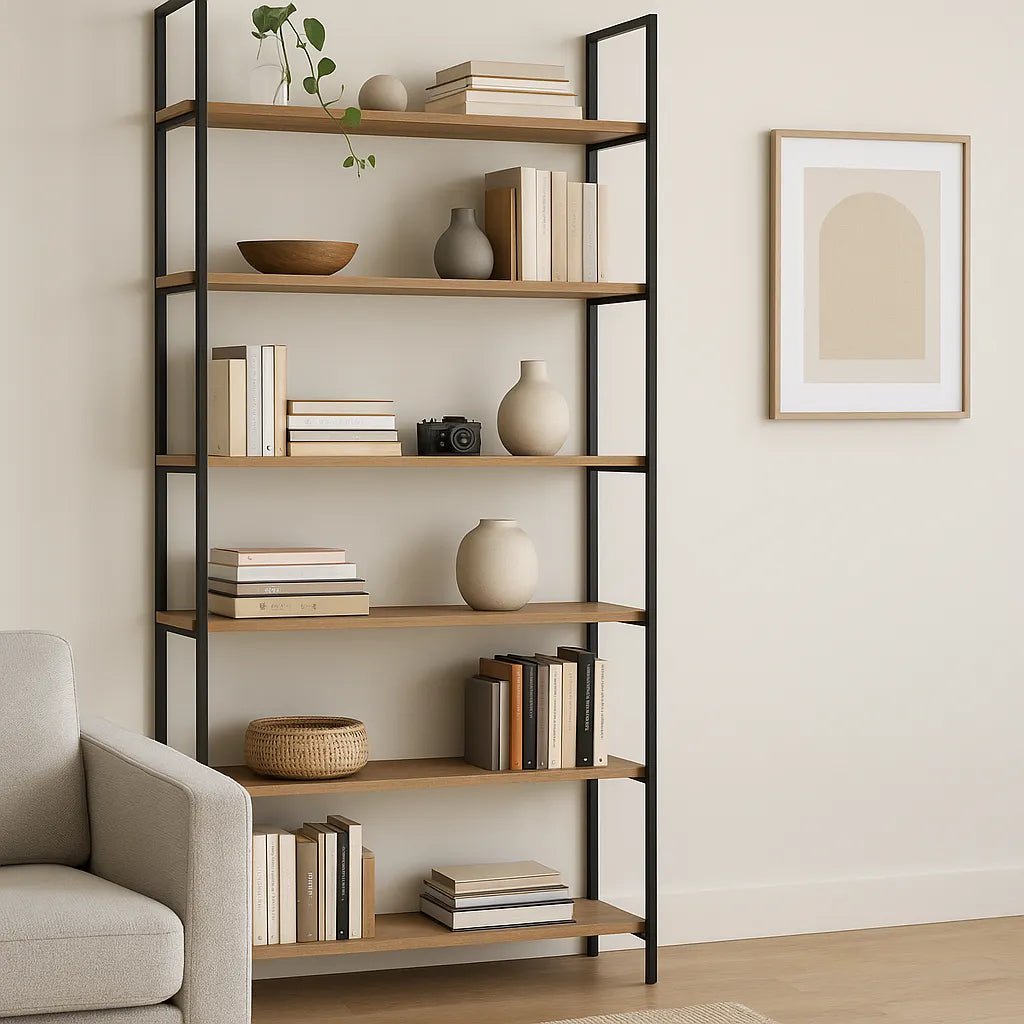 Design boekenkast met hout en zwart staal in een moderne woonkamer