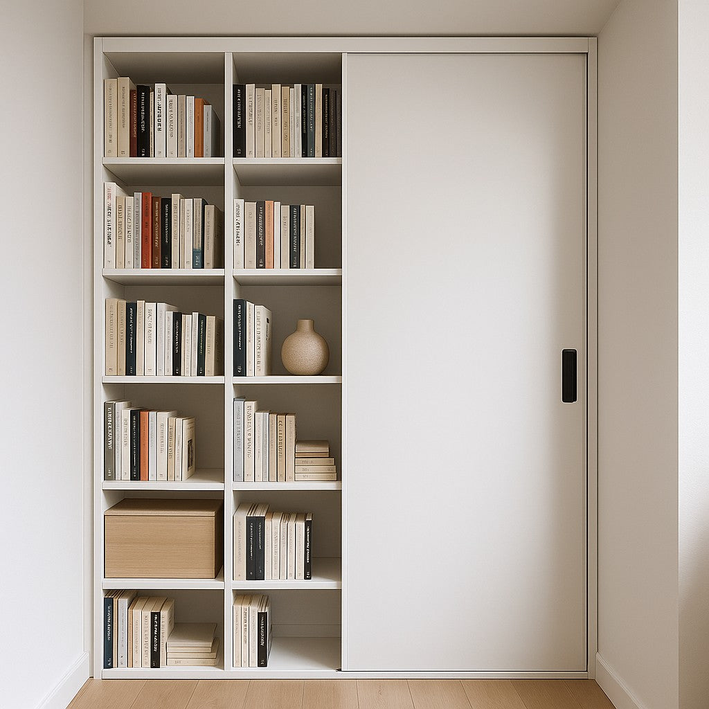 Witte boekenkast met schuifdeur, gevuld met boeken en een houten lade in een moderne kamer.