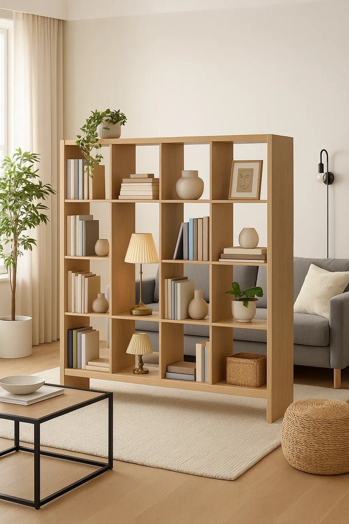 Lichte houten boekenkast als roomdivider met decoratieve objecten en boeken in een moderne woonkamer