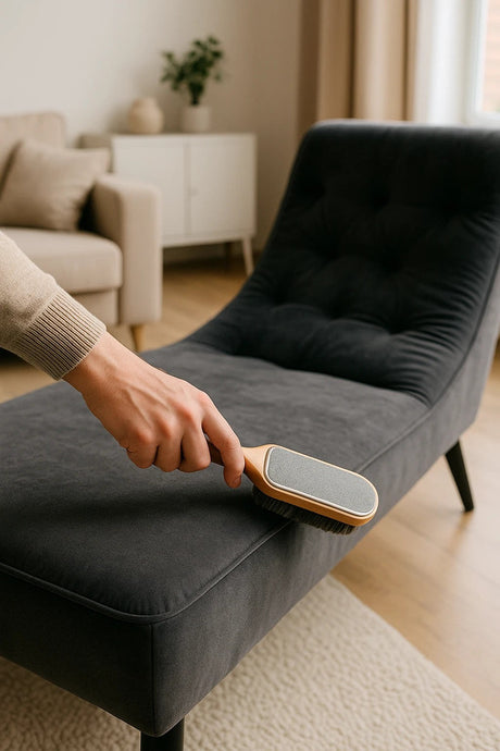 Hand borstelt donkergrijze fluwelen chaise longue met zachte meubelborstel in lichte woonkamer
