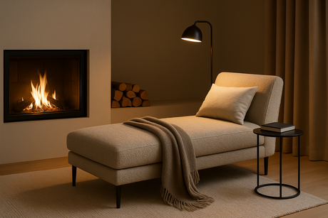 Chaise longue naast haard met plaid, kussen en leeslamp in warme, sfeervolle woonkamer.