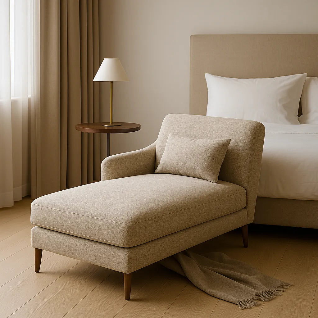 Chaise longue in een moderne slaapkamer naast het bed met neutrale tinten en natuurlijk licht