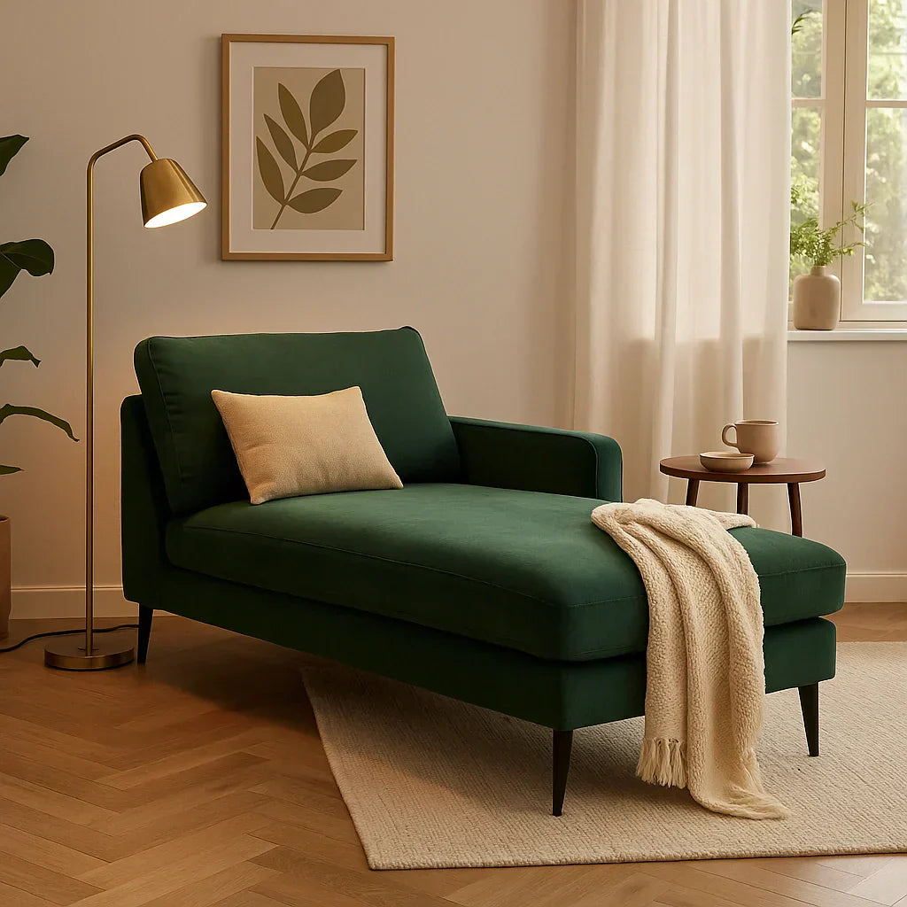 Donkergroene chaise longue in een sfeervolle woonkamer met houten vloer