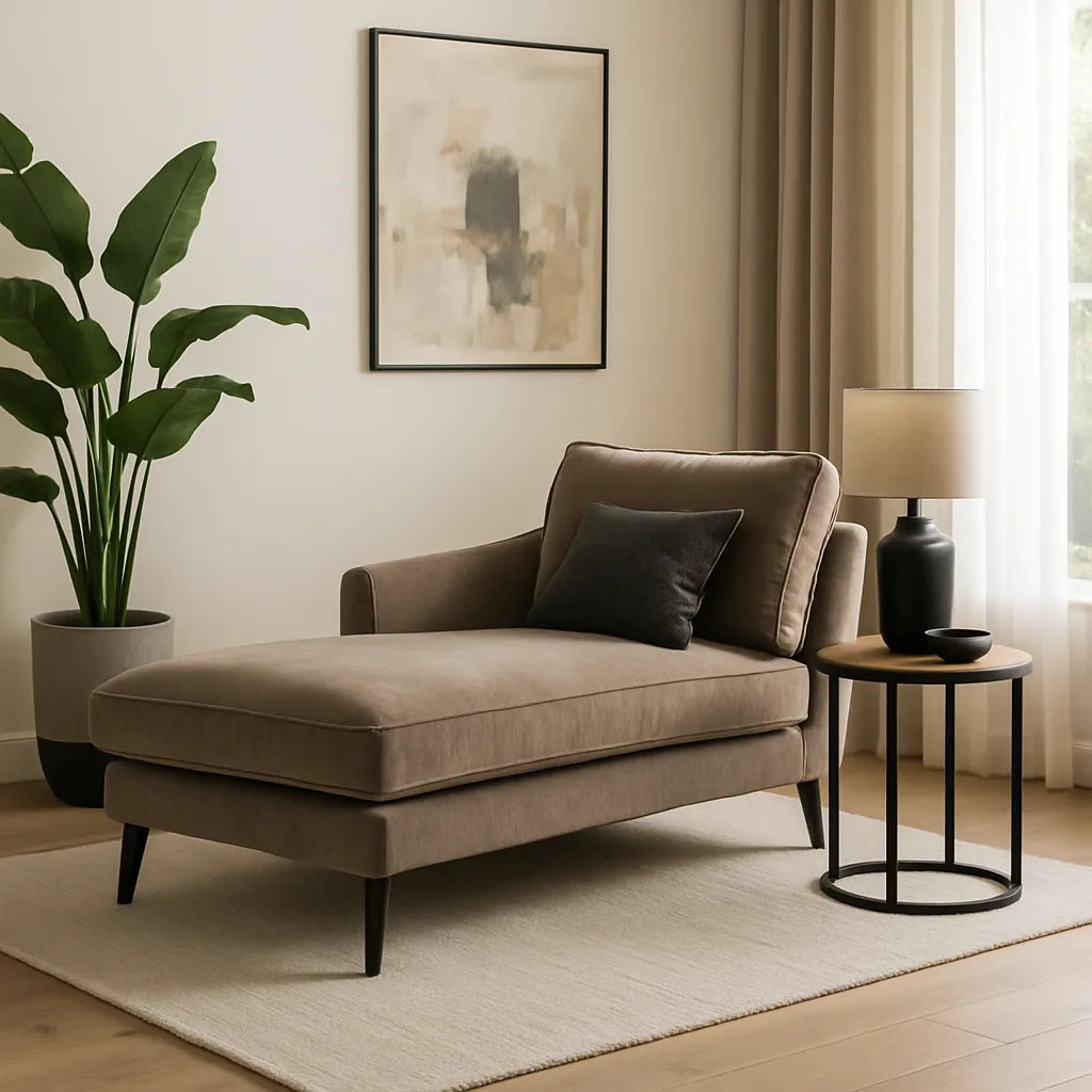 Taupekleurige chaise longue in een moderne woonkamer met natuurlijke lichtinval en zachte beige tinten.