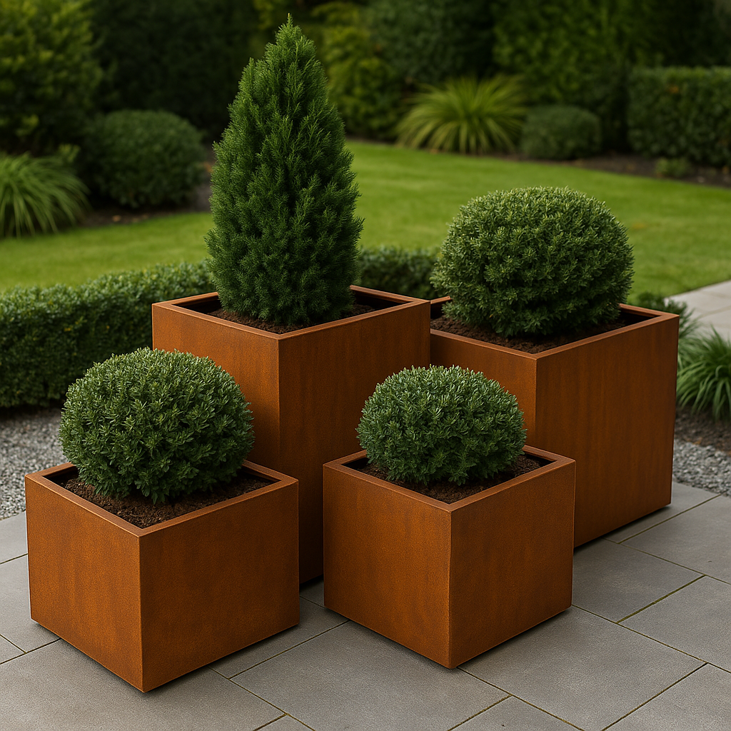 Vier cortenstaal plantenbakken met groenblijvende struiken en een conifeer op een modern terras in een verzorgde tuin.