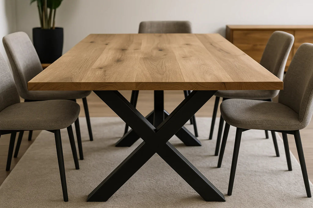 Moderne eetkamertafel met houten blad en stalen kruispoot in een lichte woonkamer.