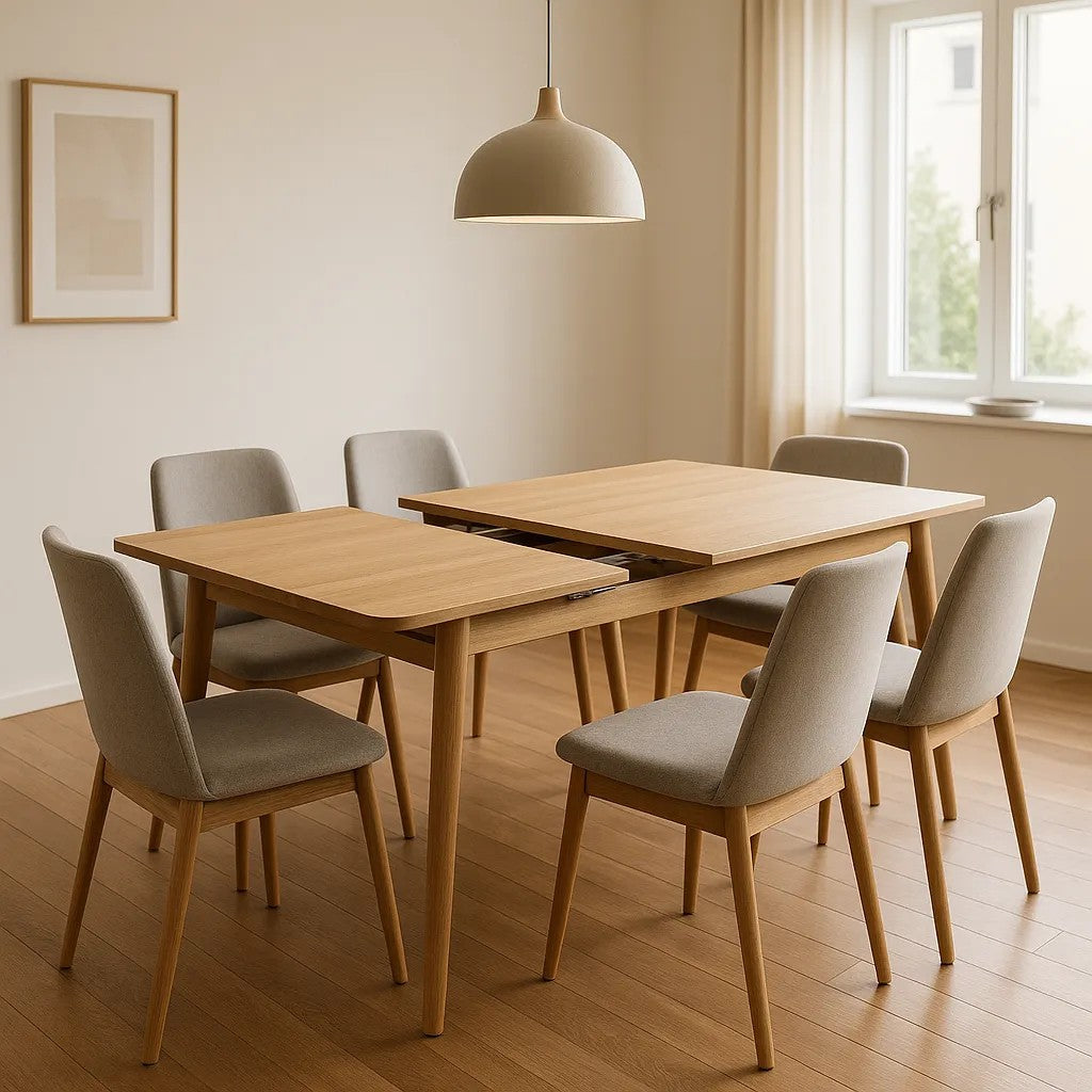 Eetkamer met uitschuifbare houten tafel en zes lichtgrijze stoelen in een rustige, moderne ruimte