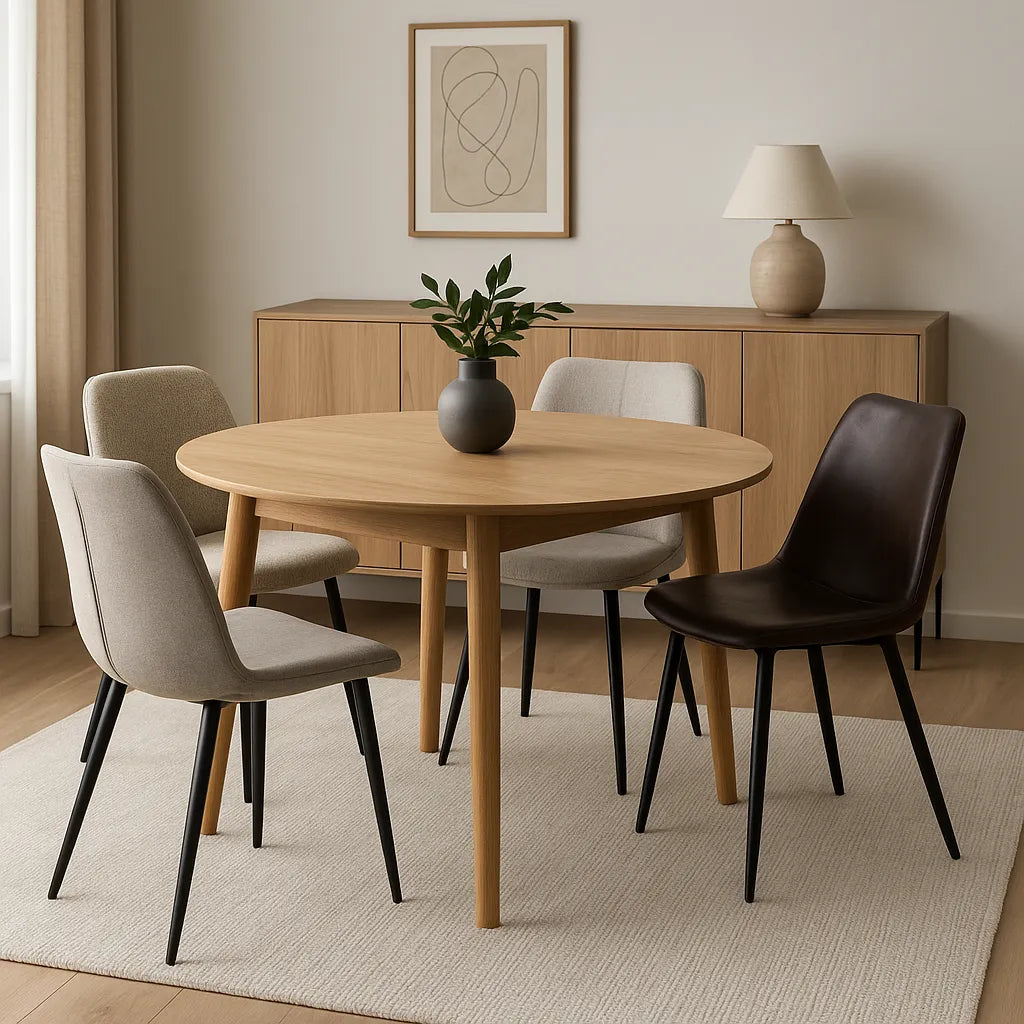  Moderne eetkamer met een ronde houten tafel en vier verschillende eetkamerstoelen