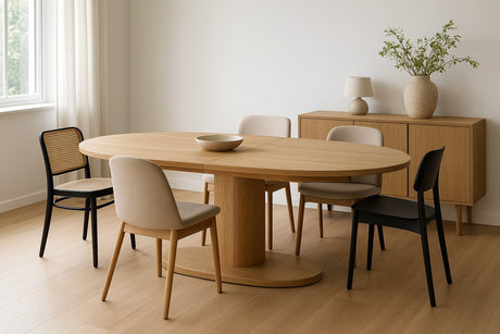 Moderne eetkamer met ovaal eikenhouten tafel, mix van stoelen en natuurlijke lichtinval