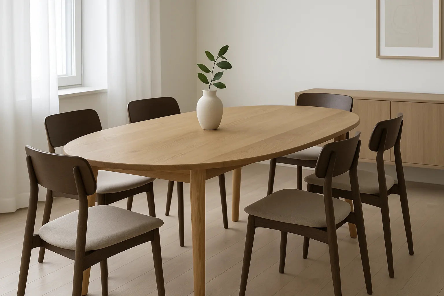 Ovale eetkamertafel van massief licht eiken met zes stoelen in een rustig, modern interieur met zacht daglicht.
