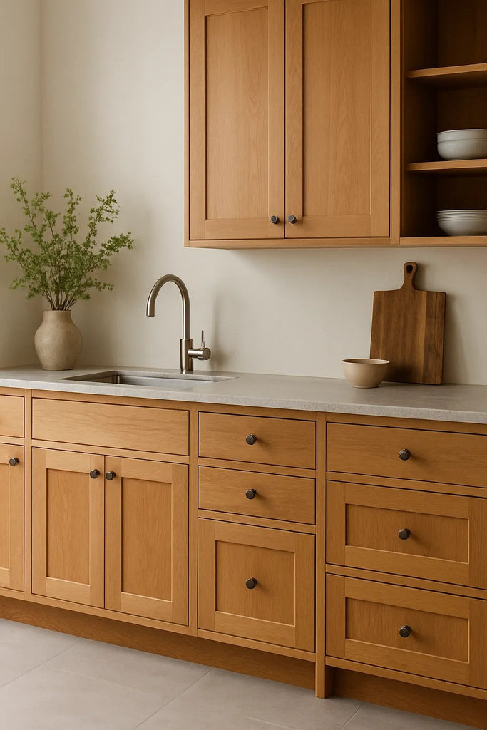 Moderne keuken met massief houten keukenkasten, een licht werkblad en zachte natuurlijke belichting