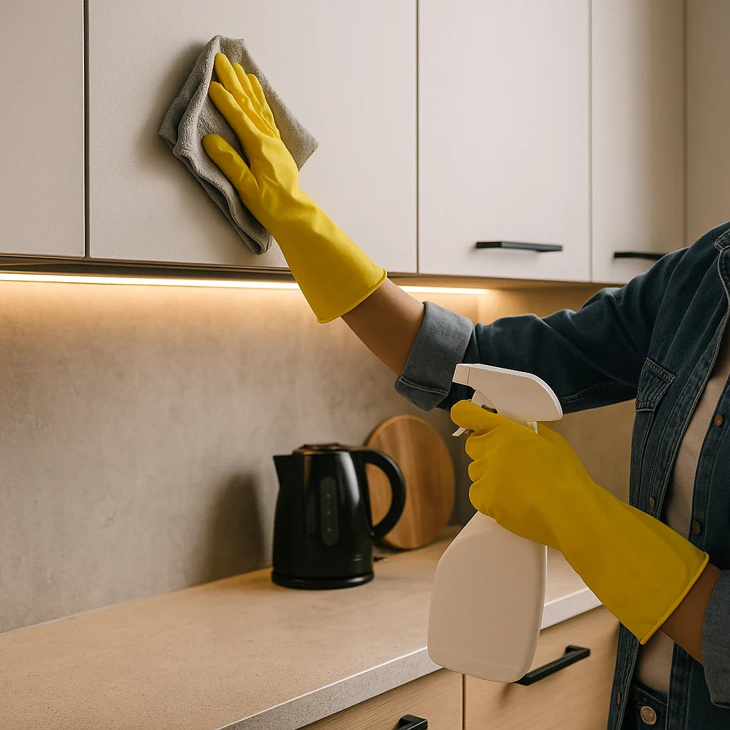 Persoon maakt keukenkastjes schoon met gele handschoenen, doek en sprayfles.