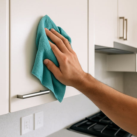 Hand reinigt wit keukenkastdeurtje met turquoise microvezeldoek in moderne, vetvrije keuken