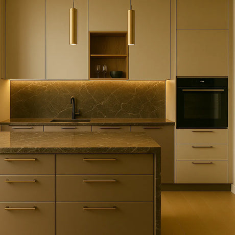 Luxe keuken met taupekleurige kasten en marmeren kookeiland