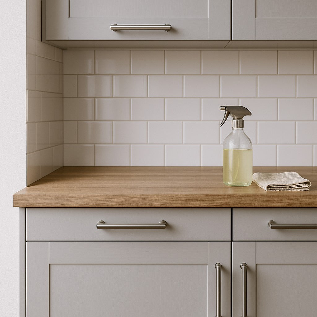 Close up van een hand die met een grijze microvezeldoek en een witte sprayfles een keukenkast schoonmaakt