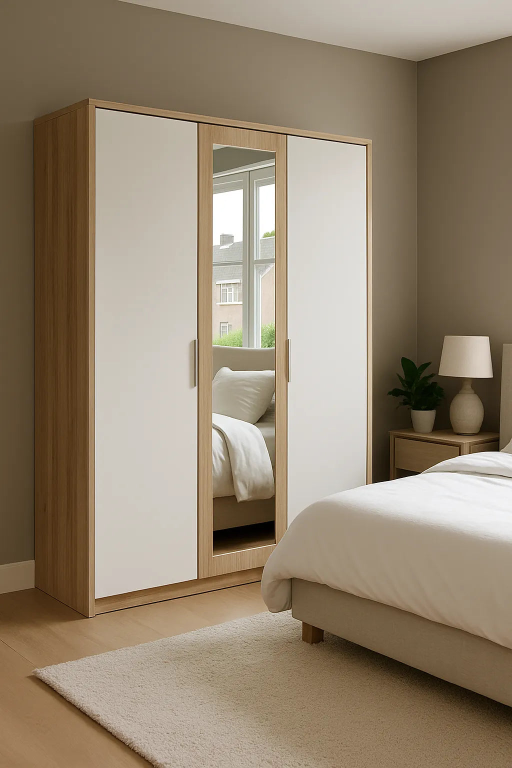 Moderne kledingkast met spiegel in rustige slaapkamer